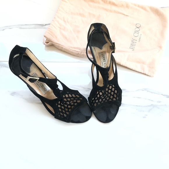 Authentic Jimmy Choo Black Suede Cutout Sandals - Picture 1 of 6